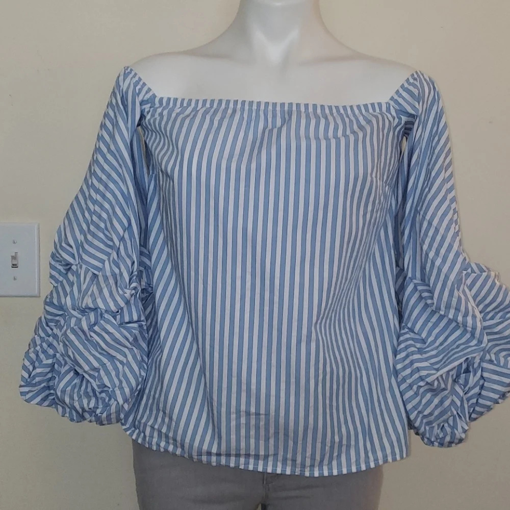 Petersyn Women’s Off-Shoulder Blue & White Striped Top - Picture 3 of 15